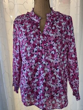 Talbots-Women’s Pink Floral-Print Ruffle Neck Blouse